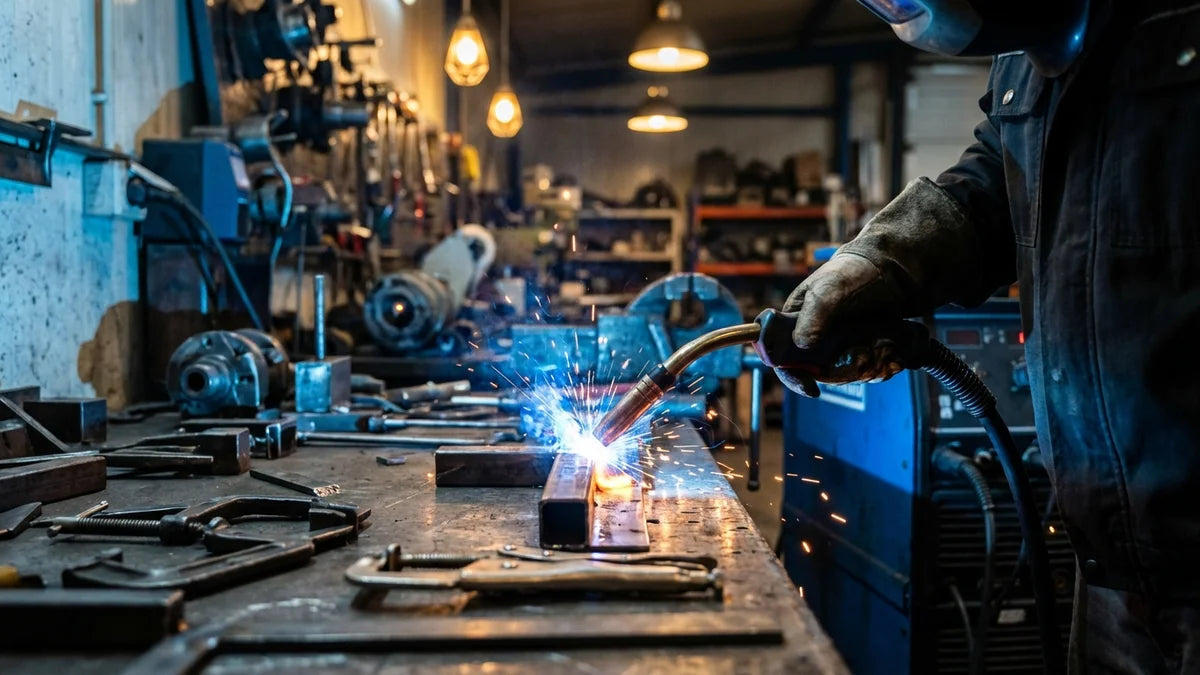 Poste à souder en action avec torche et étincelles dans un atelier professionnel
