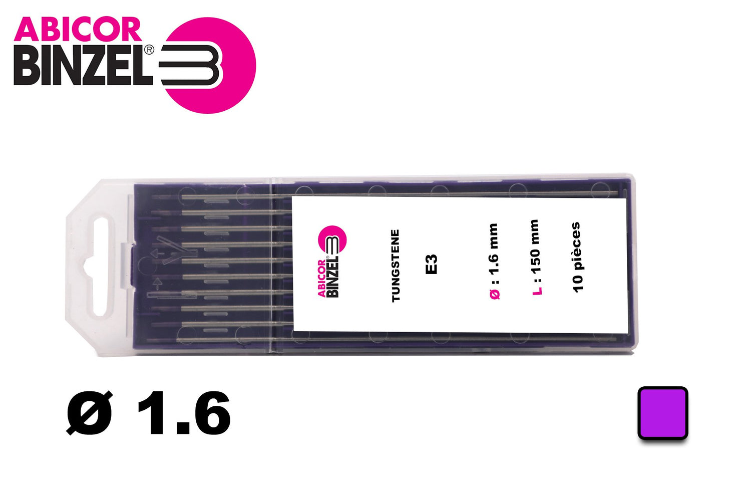 10 électrodes 150 mm, tungstène E3, Ø 1.6 mm - Lila - Binzel -