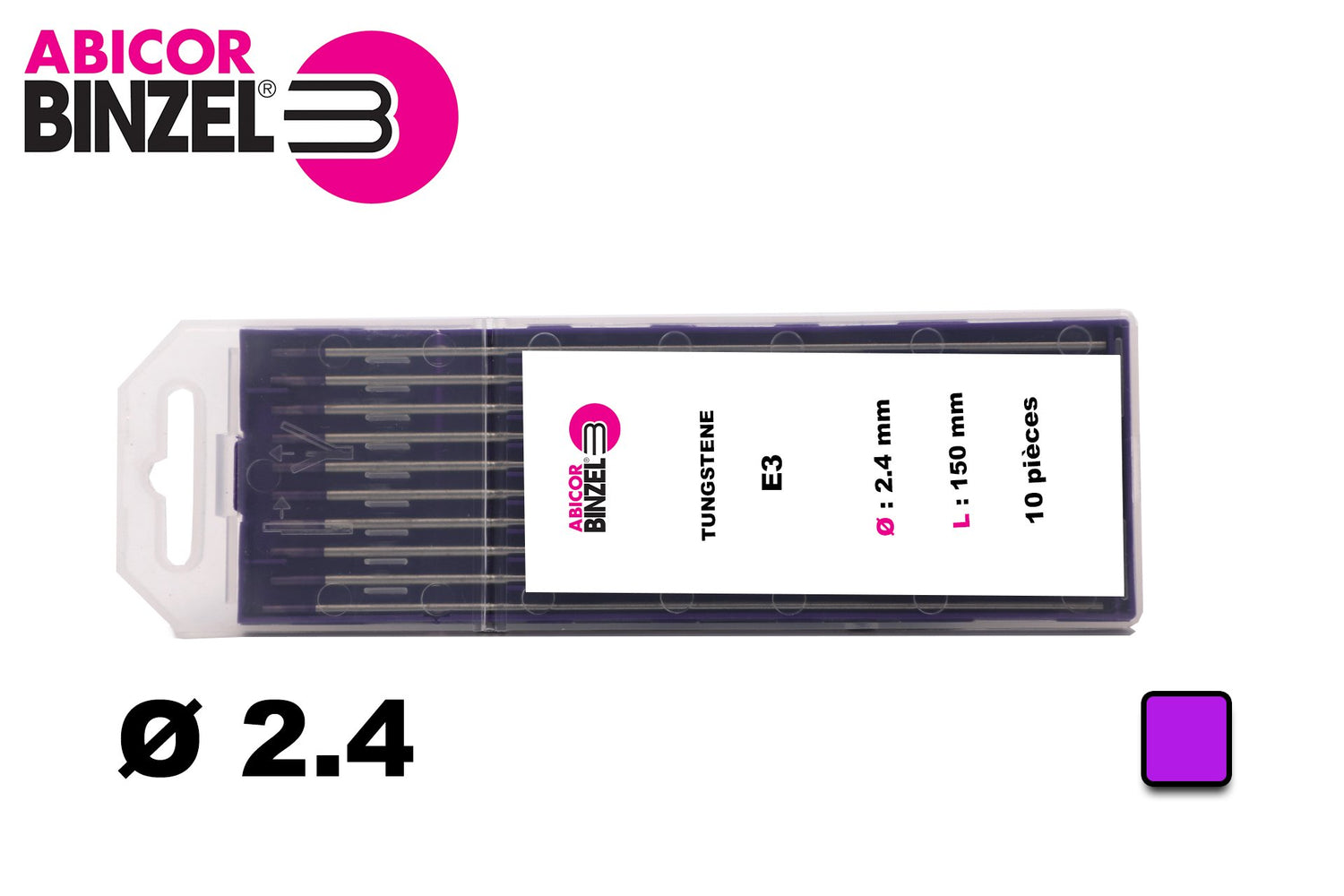 10 électrodes 150 mm, tungstène E3, Ø 2.4 mm - Lila - Binzel -