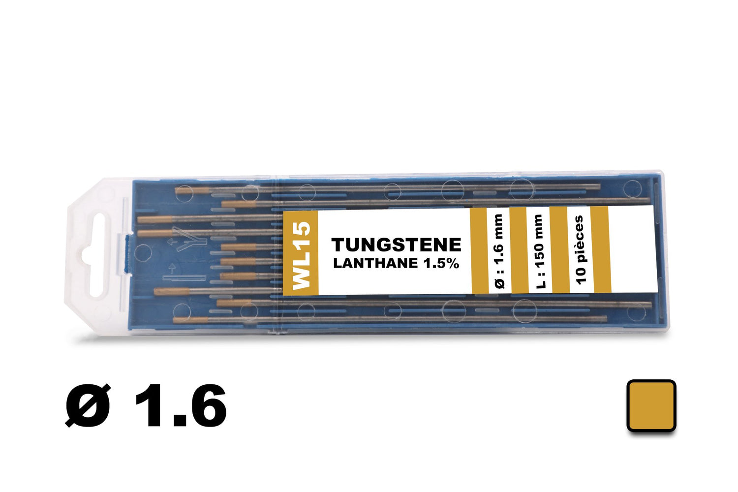 10 électrodes 150 mm, tungstène lanthane, Ø 1.6 mm - Or