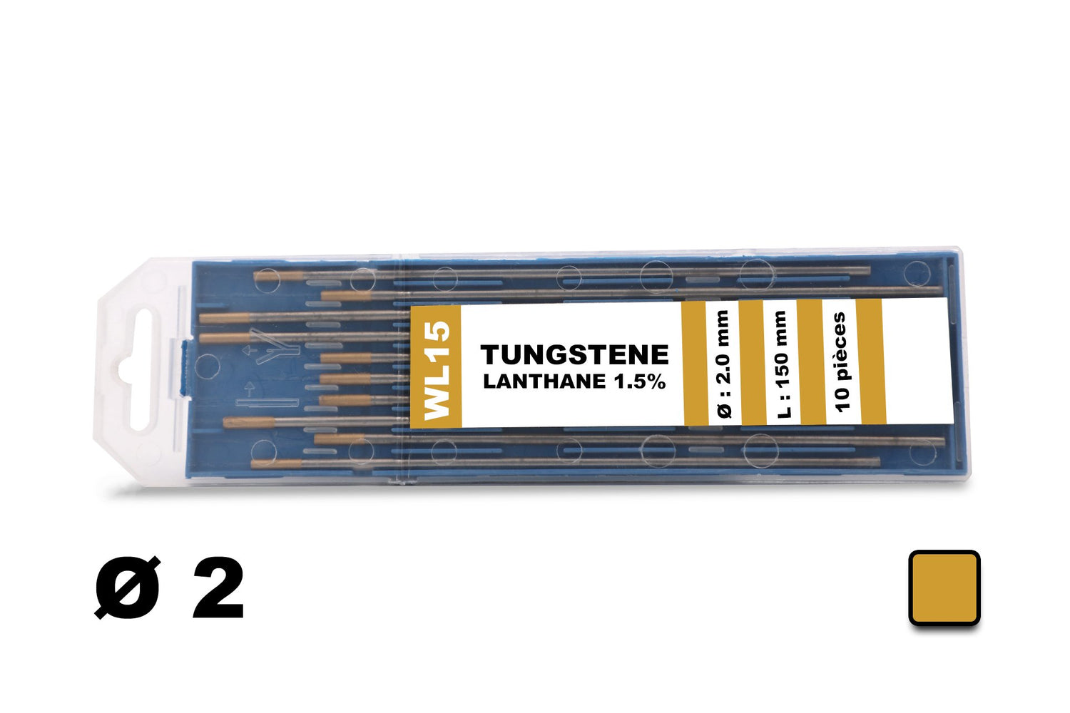 10 électrodes 150 mm, tungstène lanthane, Ø 2.0 mm - Or