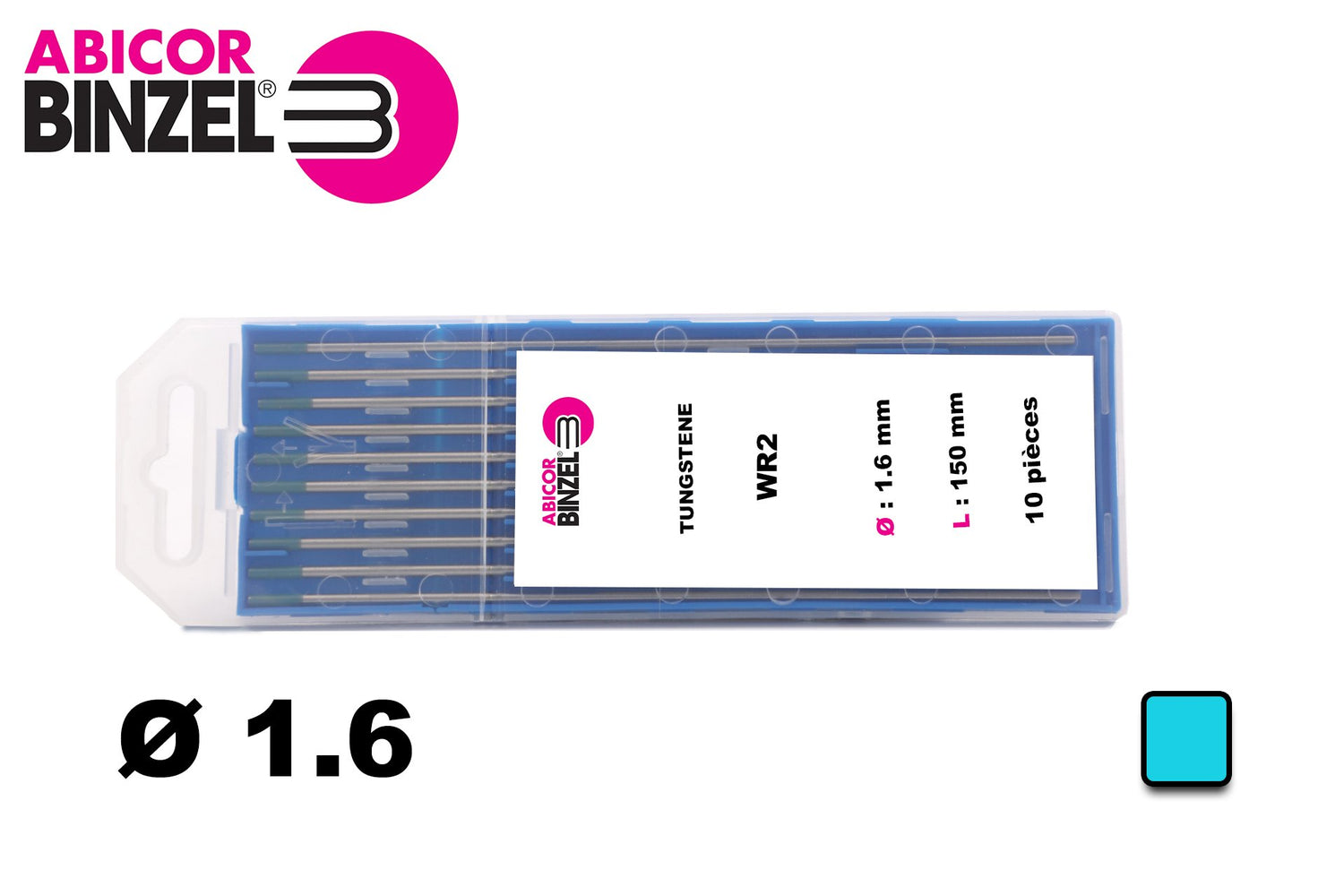 10 électrodes 150 mm, tungstène, Ø 1.6 mm - Turquoise - Binzel -