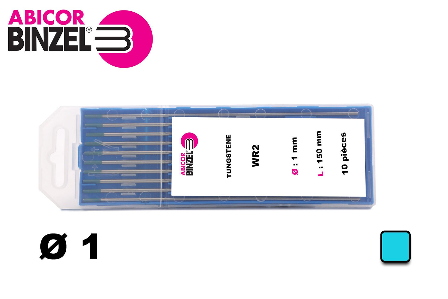 10 électrodes 150 mm, tungstène, Ø 1 mm - Turquoise - Binzel -