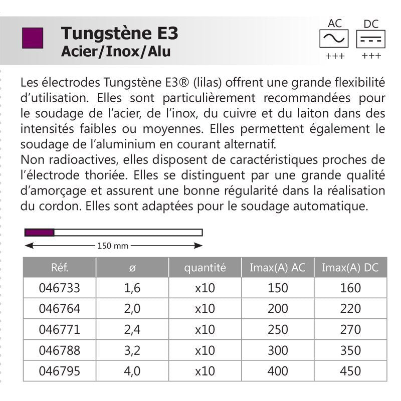 Electrode tungstene e3 infos