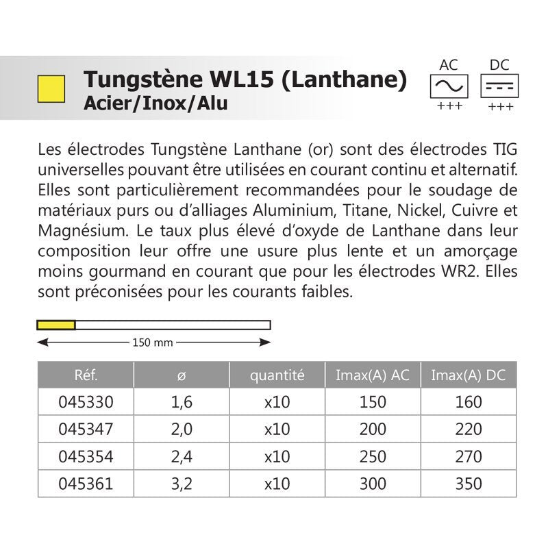 10 électrodes 150 mm, tungstène lanthane, Ø 1.6 mm - Or