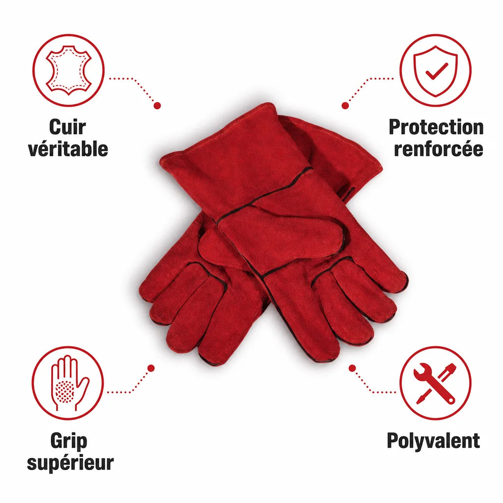 Gants cuir rouge multi-usage avec protection renforcée et grip supérieur - packshot studio
