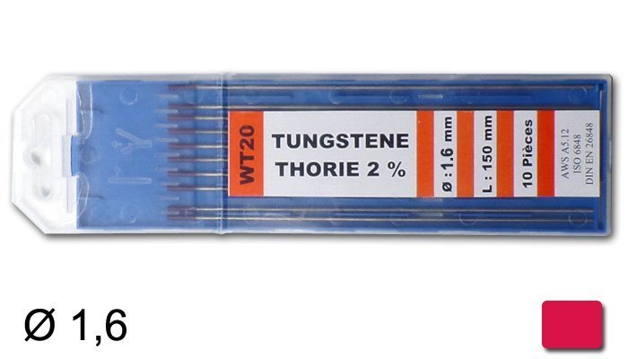 électrodes tungstène thorié, Ø 1,6 mm - Rouge