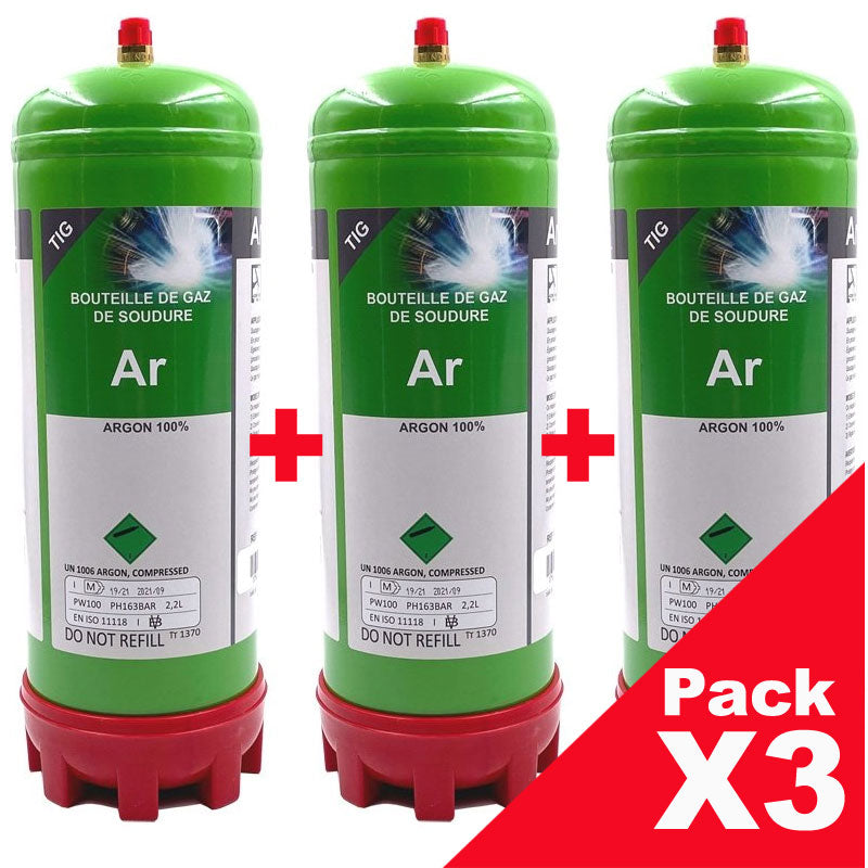 PACK (X3) BOUTEILLES GAZ ARGON PUR jetable 2,2 Litres - Soudure Aluminium