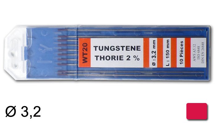 électrodes tungstène thorié, Ø 3,2 mm - Rouge
