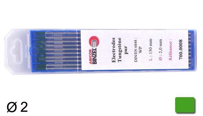 10 électrodes 150 mm, tungstène pur, Ø 2 mm - Vert - BINZEL